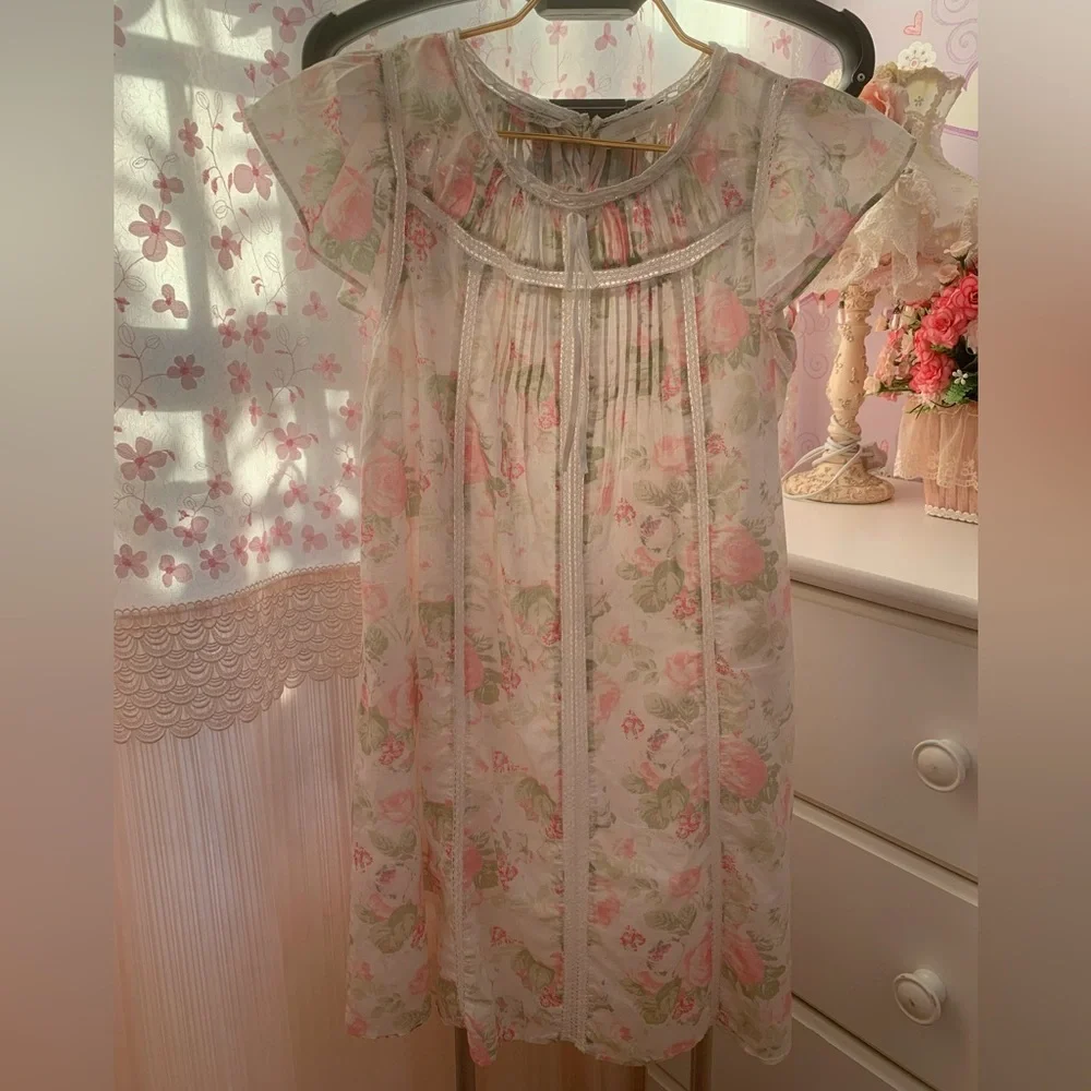LoveShackFancy Girls Cream Dress with Pink Floral Print